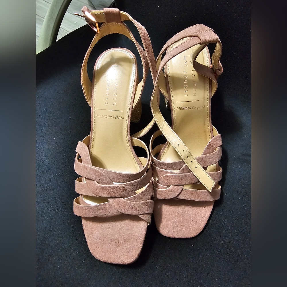 LC Lauren Conrad Womens Memory Foam Blush Suede Ankle Strap Woven Heel, Size 7.5 - Picture 8 of 11